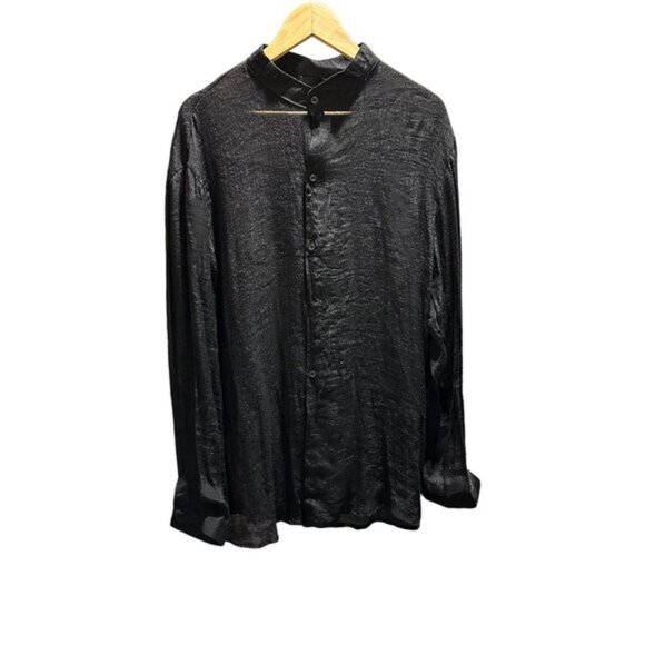 Mandarin Collar Sheer Button Down Long Sleeve Shirt Black - Picture 2 of 5